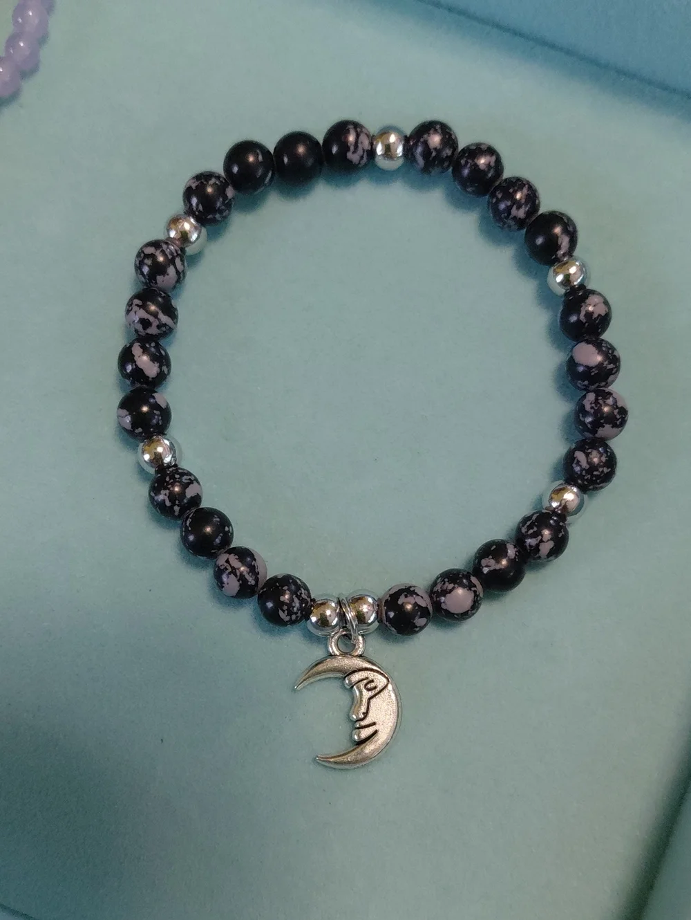 Celestial Snowflake Jasper Beaded Stretch Bracelet With Moon Charm
